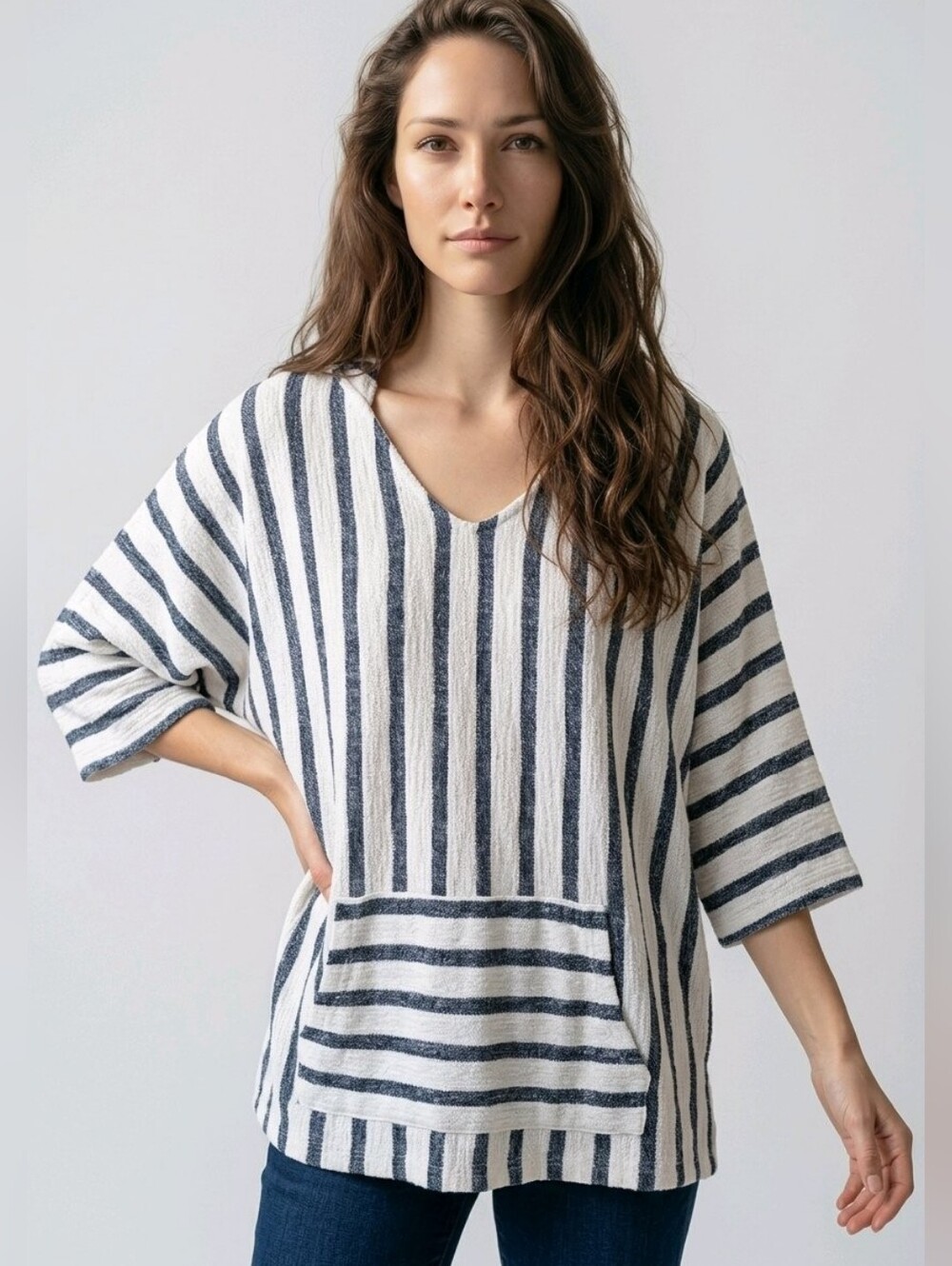 PerSeption Concept Blue and Cream V-Neck Pancho